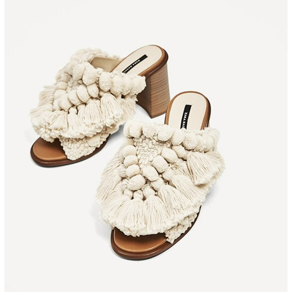 ZARA Macrame Crochet Pom Pom Open Toe Ecru Slingback Mule Sandals